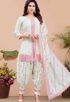 Embroidered Art Silk Punjabi Suit in Off White