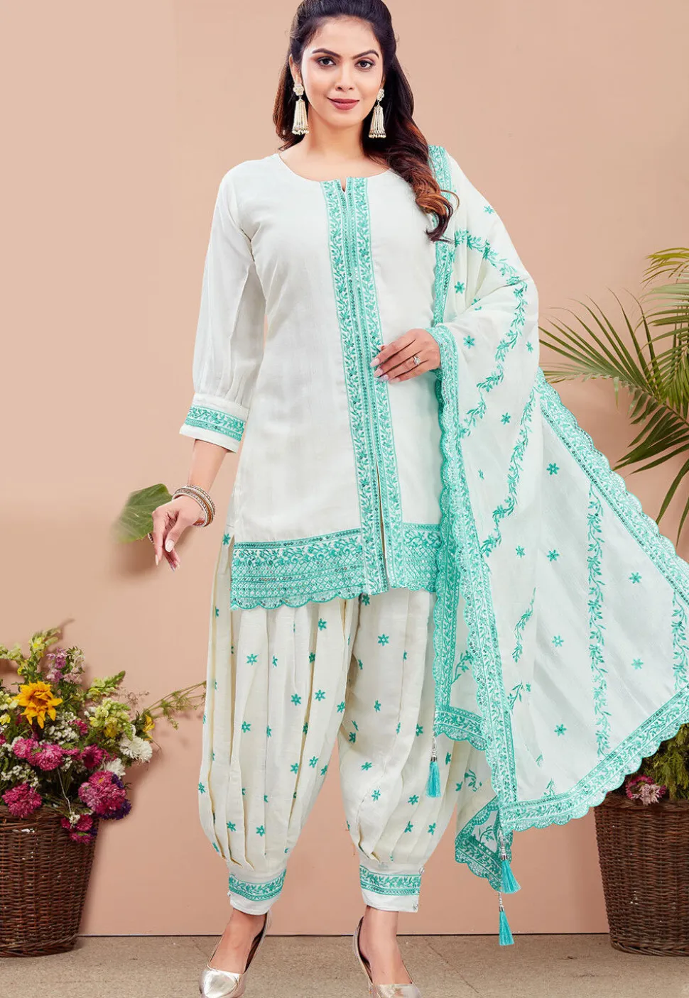Embroidered Art Silk Punjabi Suit in Off White