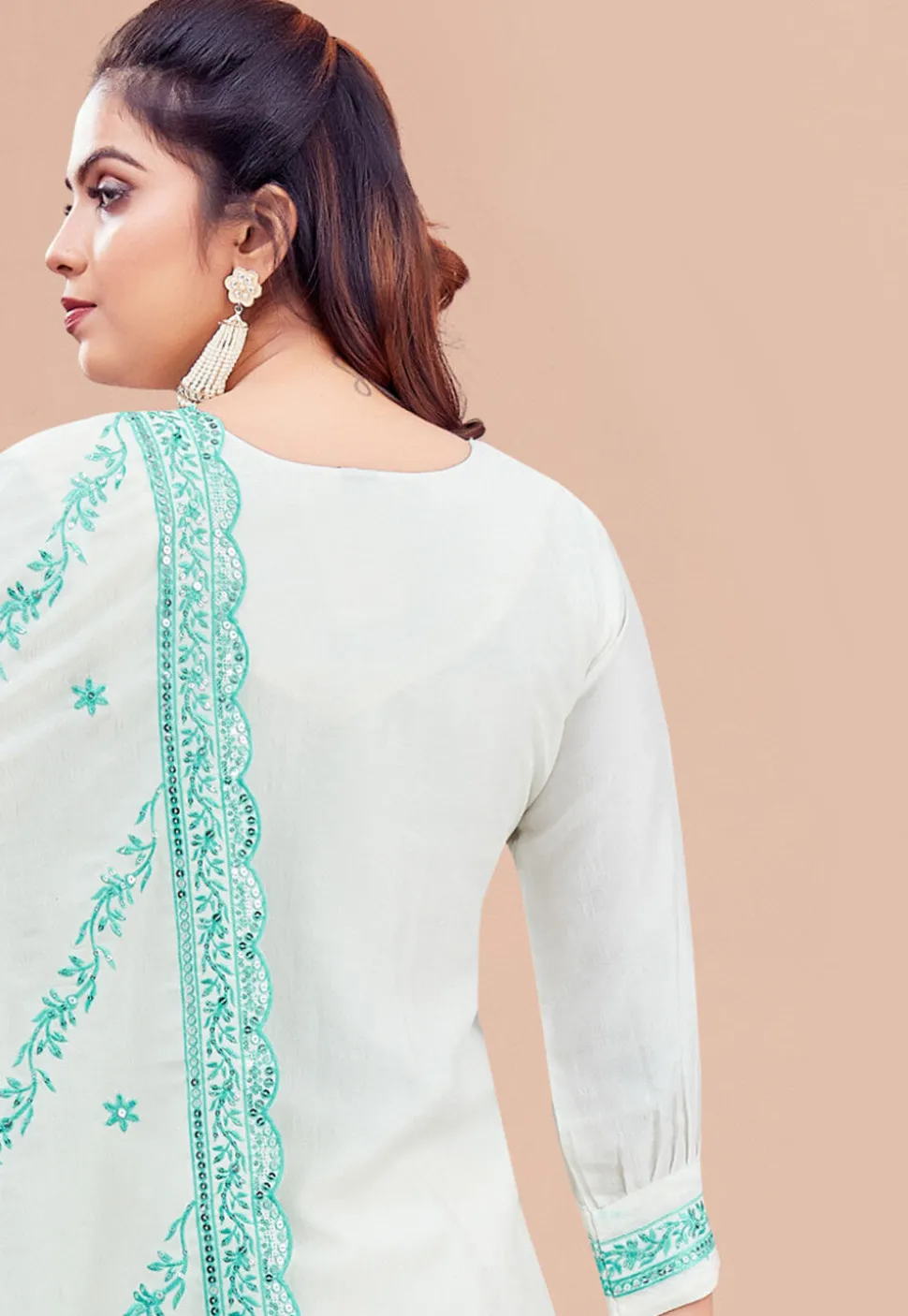 Embroidered Art Silk Punjabi Suit in Off White
