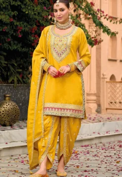 Embroidered Art Silk Punjabi Suit in Yellow