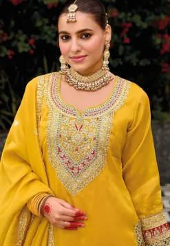 Embroidered Art Silk Punjabi Suit in Yellow