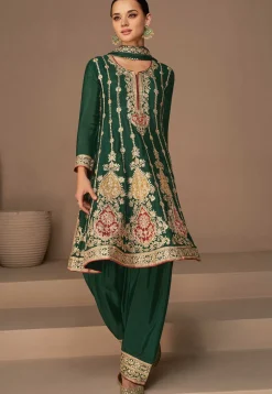 Embroidered Art Silk Punjabi Suit in Dark Green