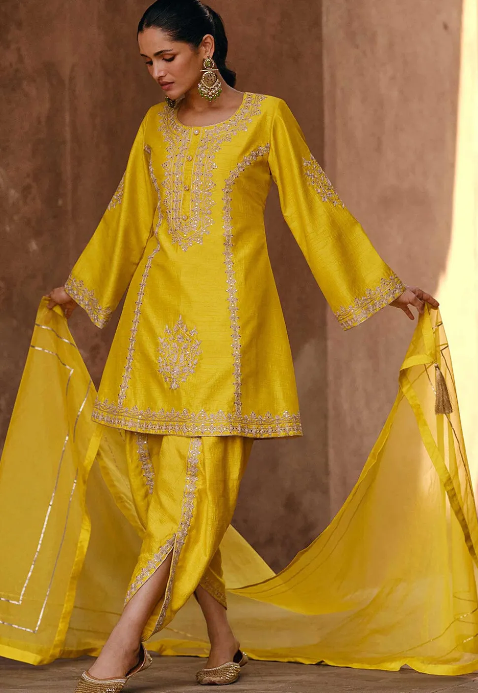 Embroidered Art Silk Punjabi Suit in Yellow
