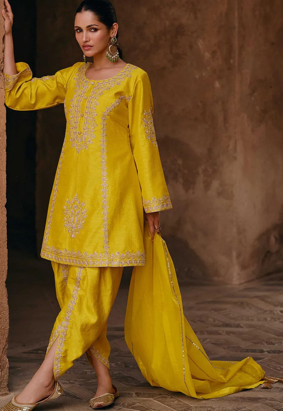 Embroidered Art Silk Punjabi Suit in Yellow