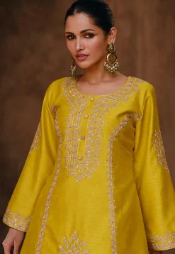 Embroidered Art Silk Punjabi Suit in Yellow