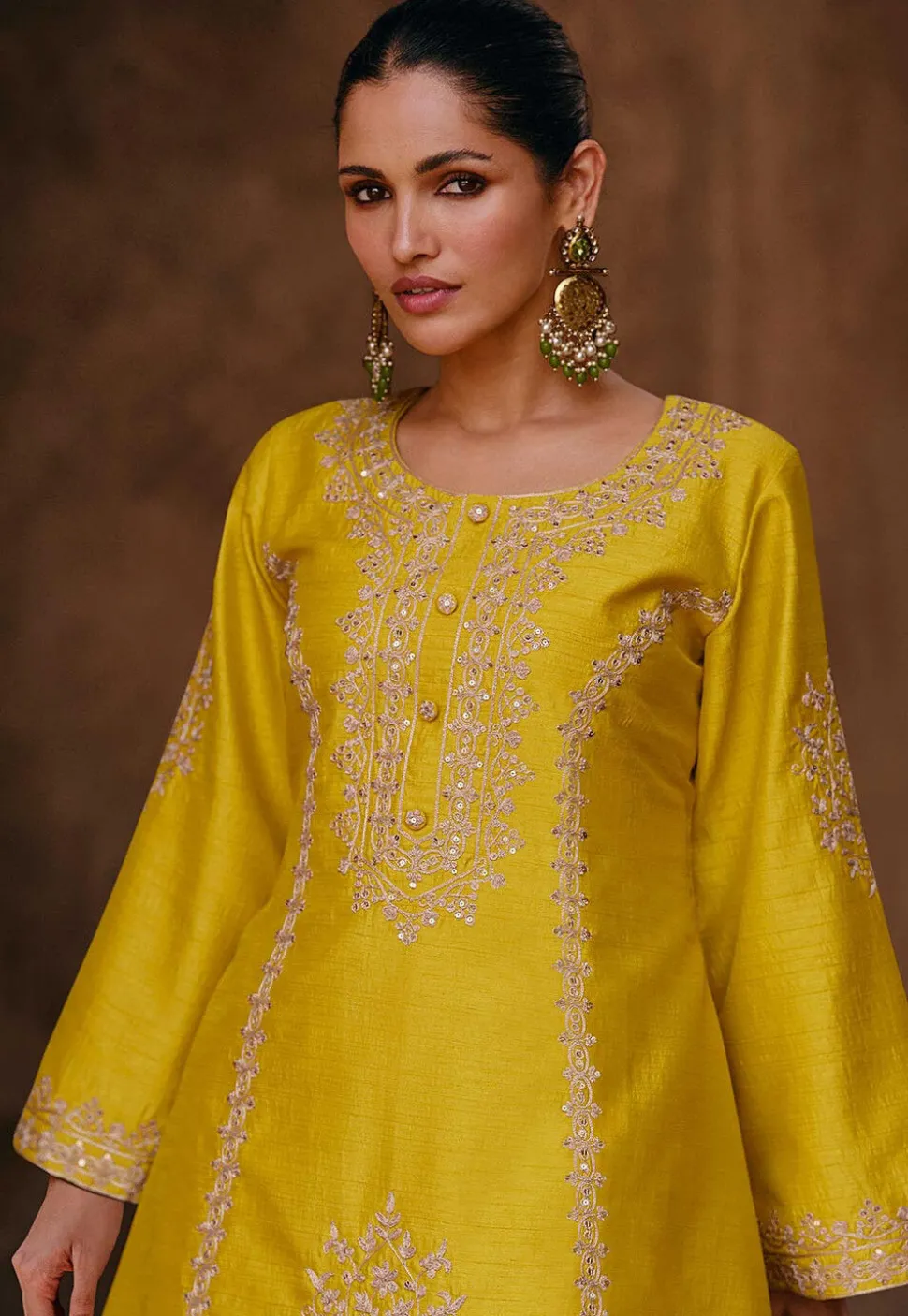 Embroidered Art Silk Punjabi Suit in Yellow