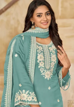 Embroidered Art Silk Punjabi Suit in Blue
