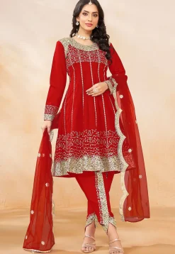 Embroidered Art Silk Punjabi Suit in Red