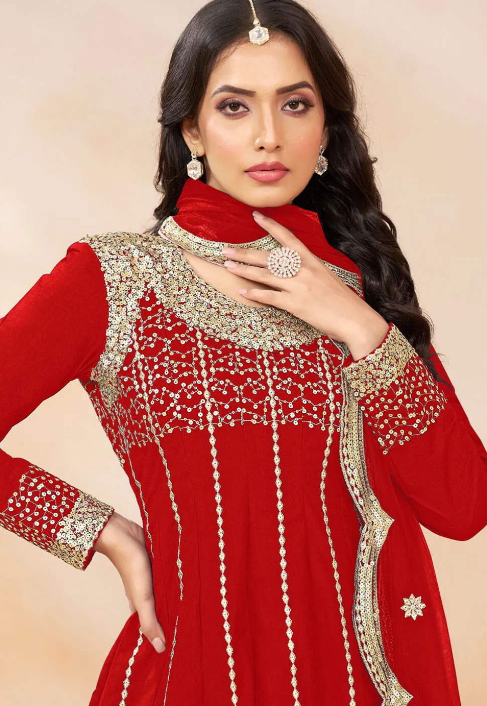 Embroidered Art Silk Punjabi Suit in Red