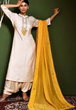 Embroidered Art Silk Punjabi Suit in Off White
