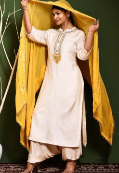 Embroidered Art Silk Punjabi Suit in Off White