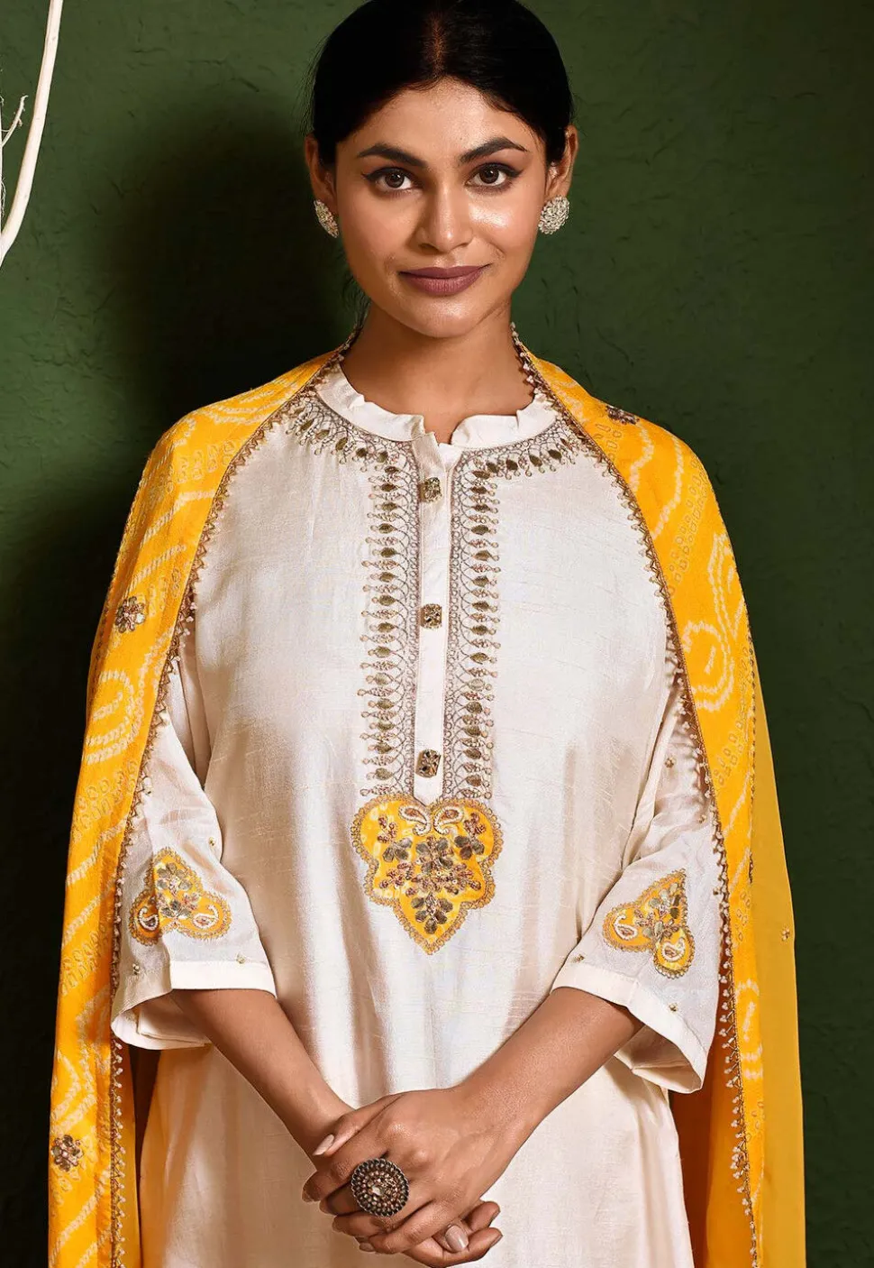Embroidered Art Silk Punjabi Suit in Off White
