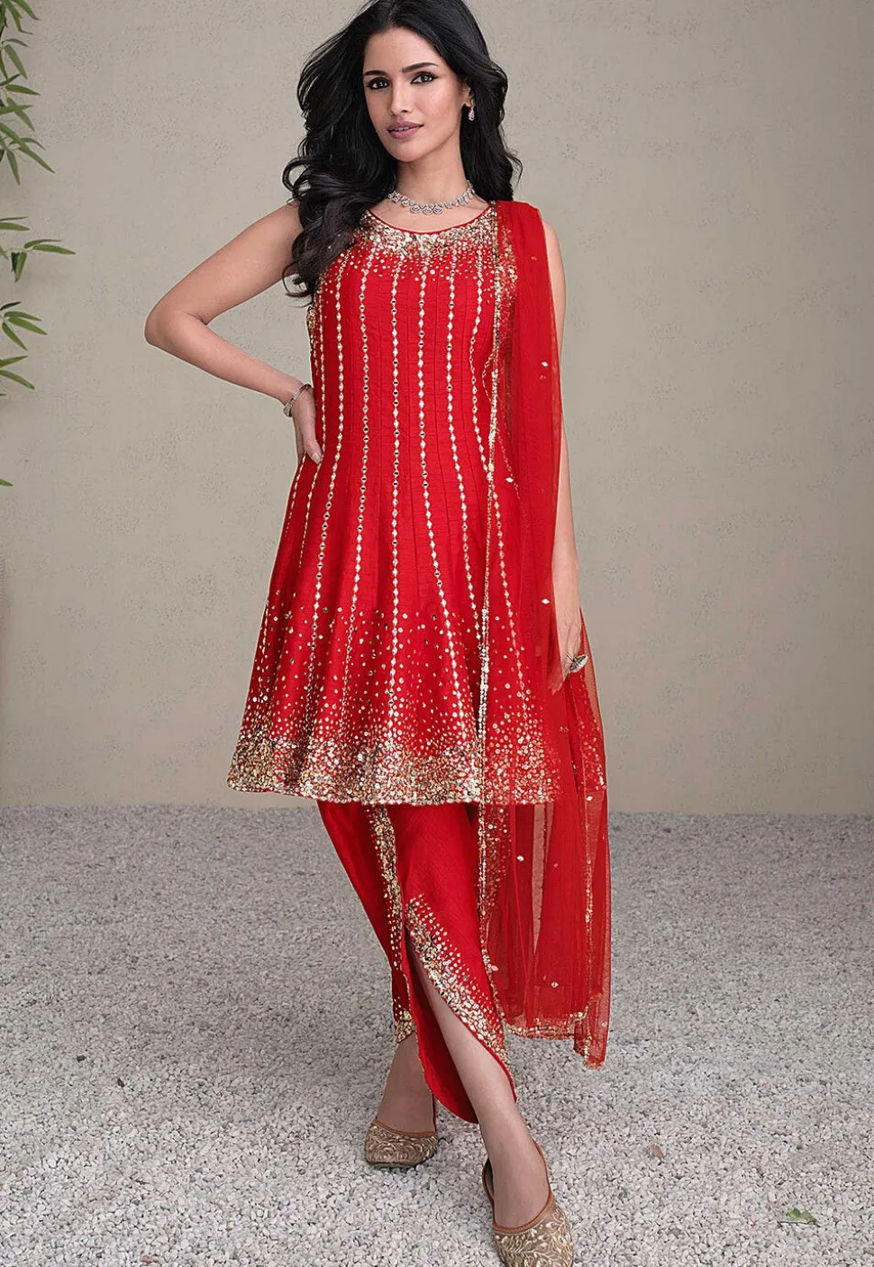 Embroidered Art Silk Punjabi Suit in Red