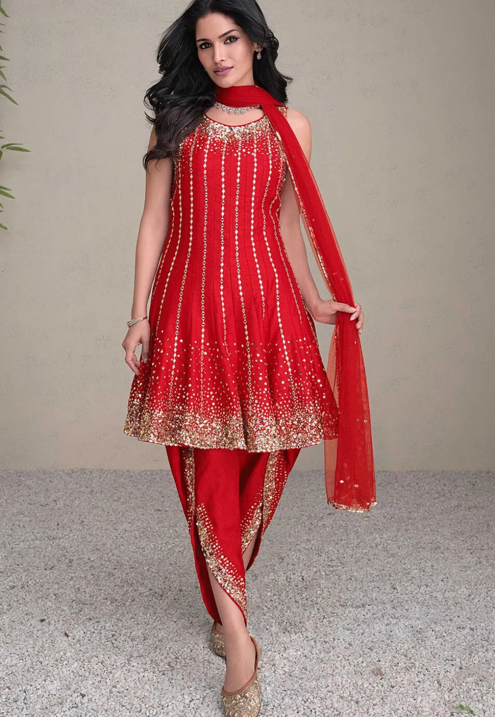 Embroidered Art Silk Punjabi Suit in Red