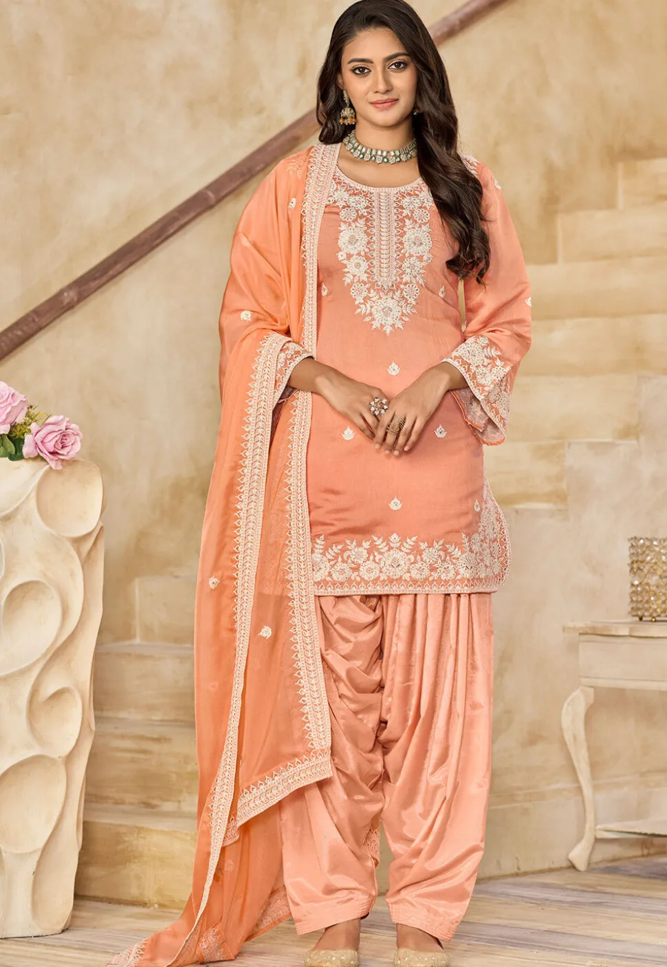 Embroidered Art Silk Punjabi Suit in Peach