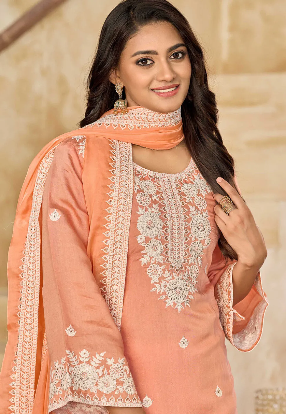 Embroidered Art Silk Punjabi Suit in Peach
