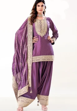 Embroidered Art Silk Punjabi Suit in Purple