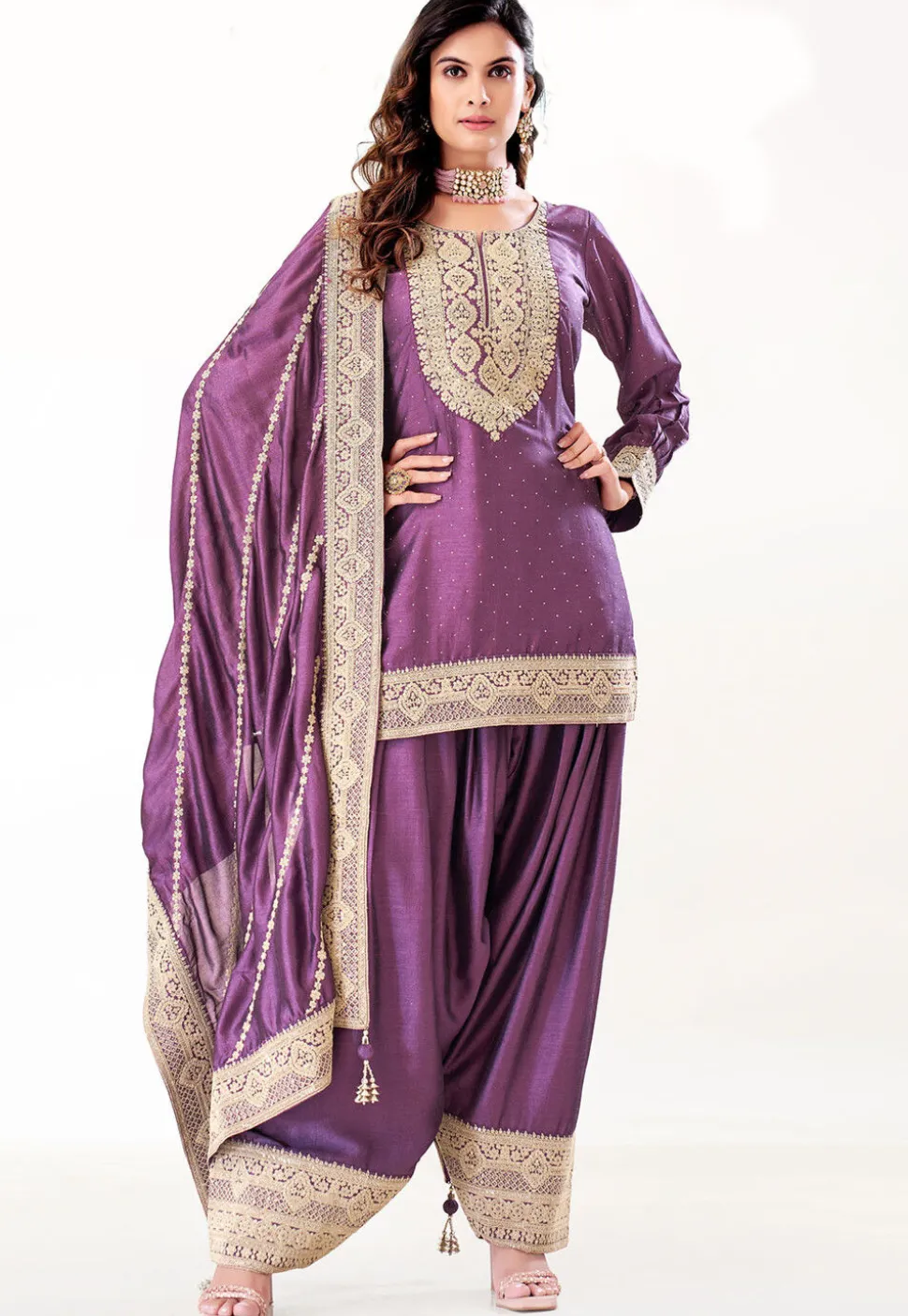 Embroidered Art Silk Punjabi Suit in Purple