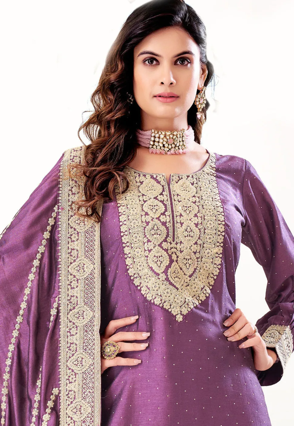 Embroidered Art Silk Punjabi Suit in Purple