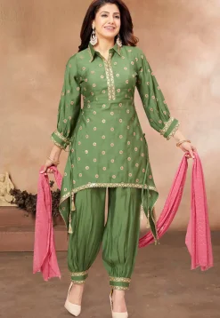 Embroidered Art Silk Punjabi Suit in Light Green