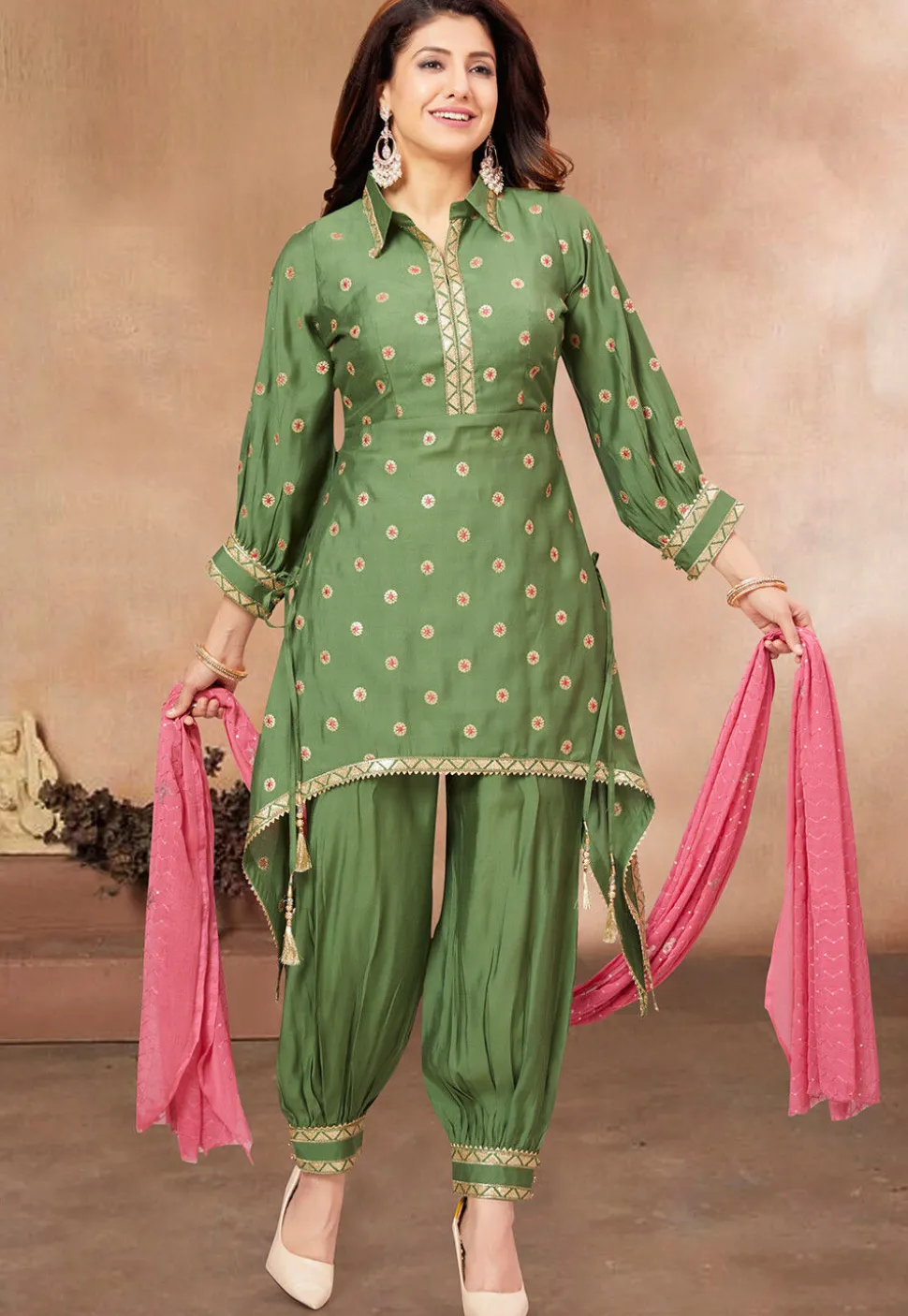 Embroidered Art Silk Punjabi Suit in Light Green