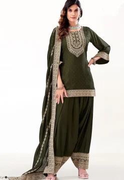 Embroidered Art Silk Punjabi Suit in Olive Green