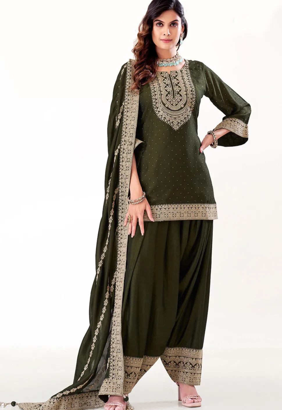 Embroidered Art Silk Punjabi Suit in Olive Green