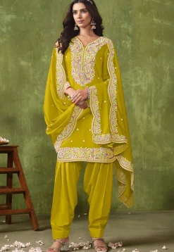 Embroidered Art Silk Punjabi Suit in Mustard