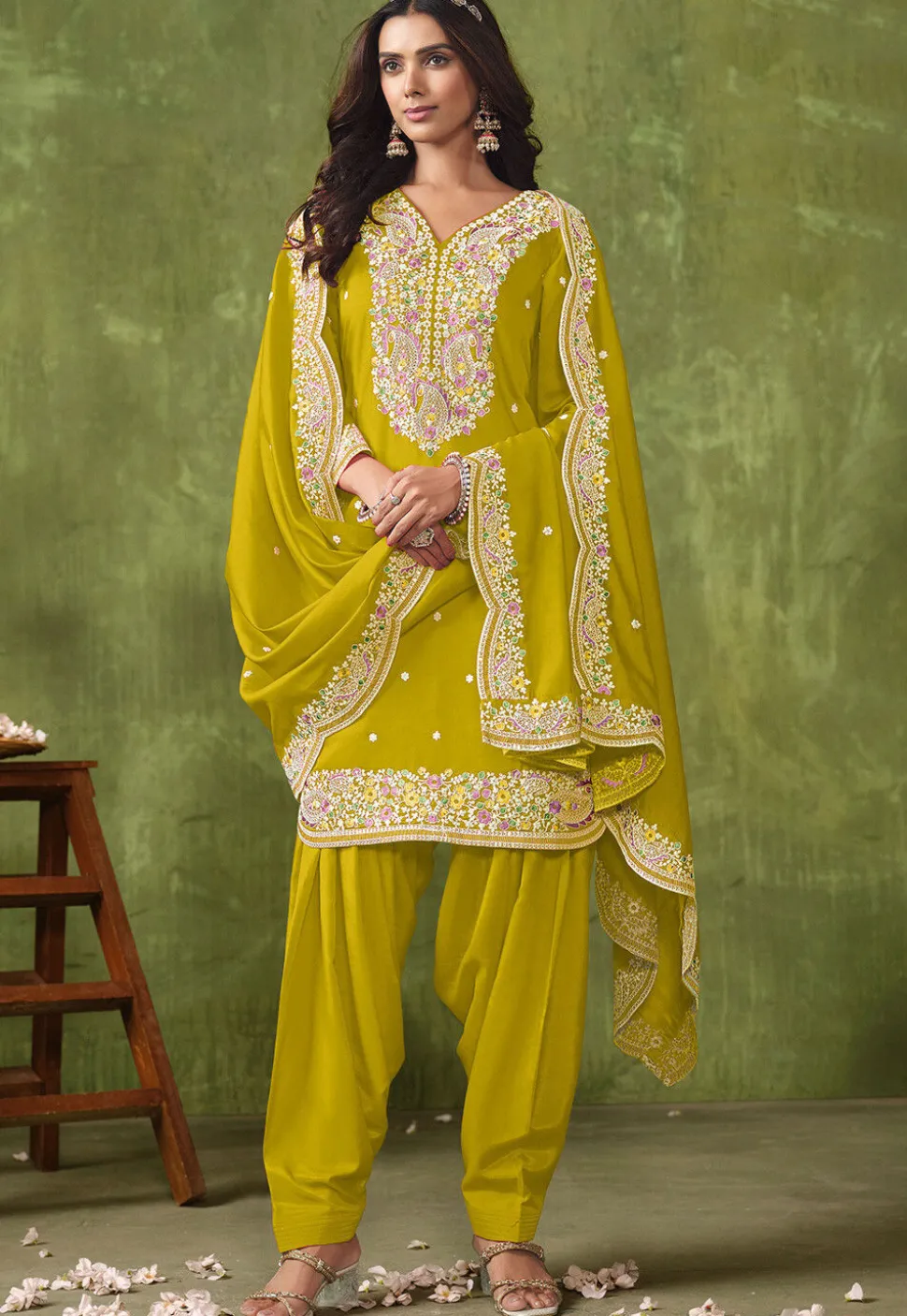 Embroidered Art Silk Punjabi Suit in Mustard