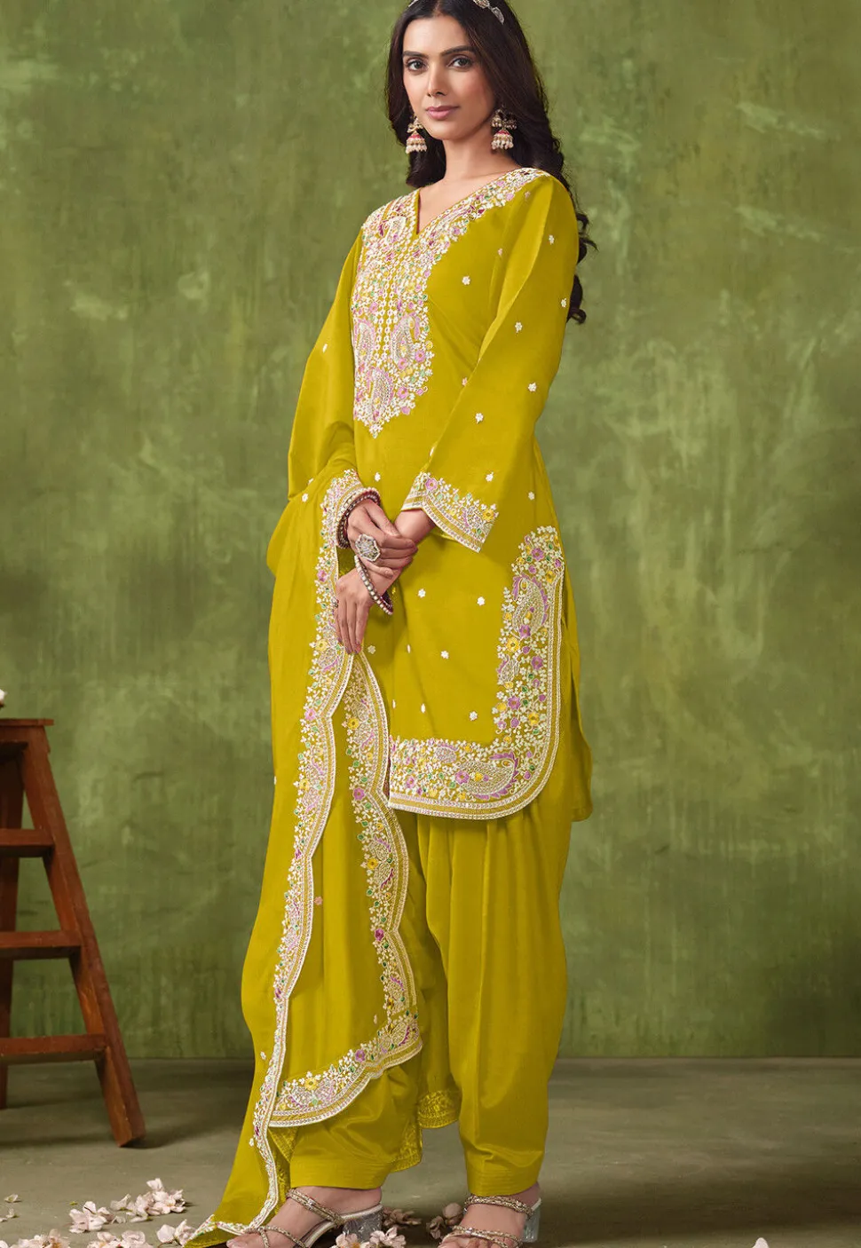 Embroidered Art Silk Punjabi Suit in Mustard