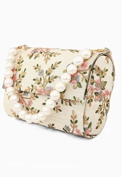 Embroidered Art Silk Rectangular Clutch Bag in Off White