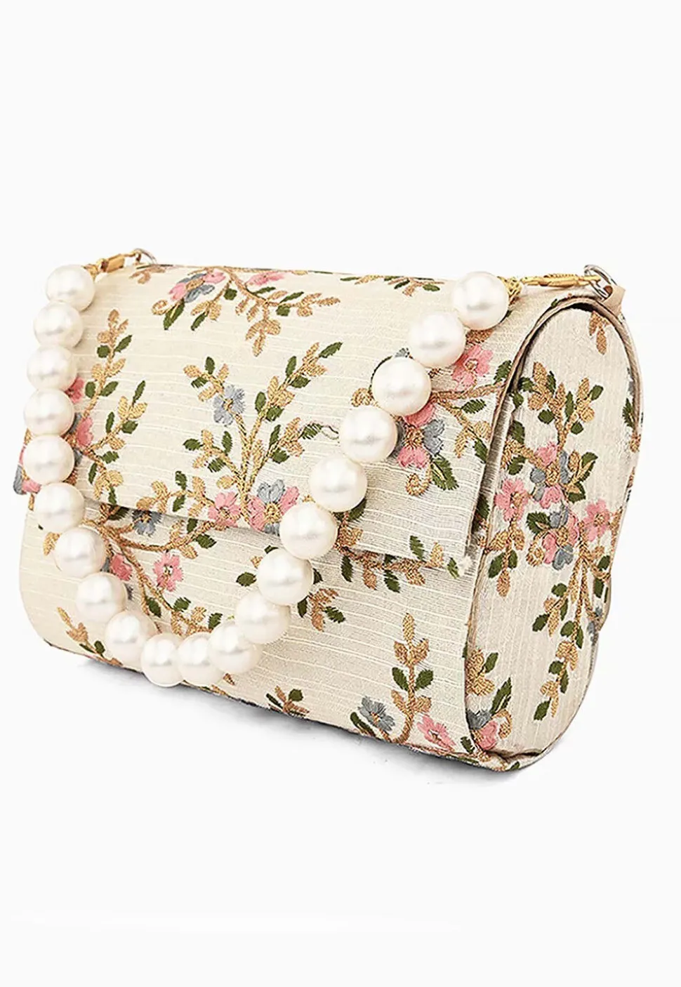 Embroidered Art Silk Rectangular Clutch Bag in Off White