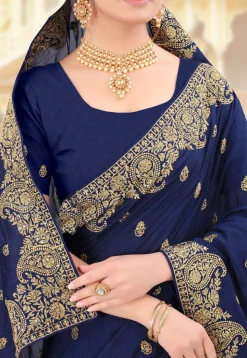 Embroidered Art Silk Saree in Navy Blue