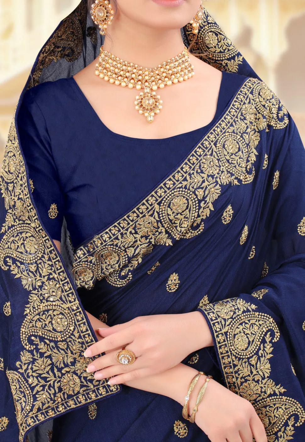 Embroidered Art Silk Saree in Navy Blue