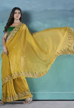 Embroidered Art Silk Saree in Yellow