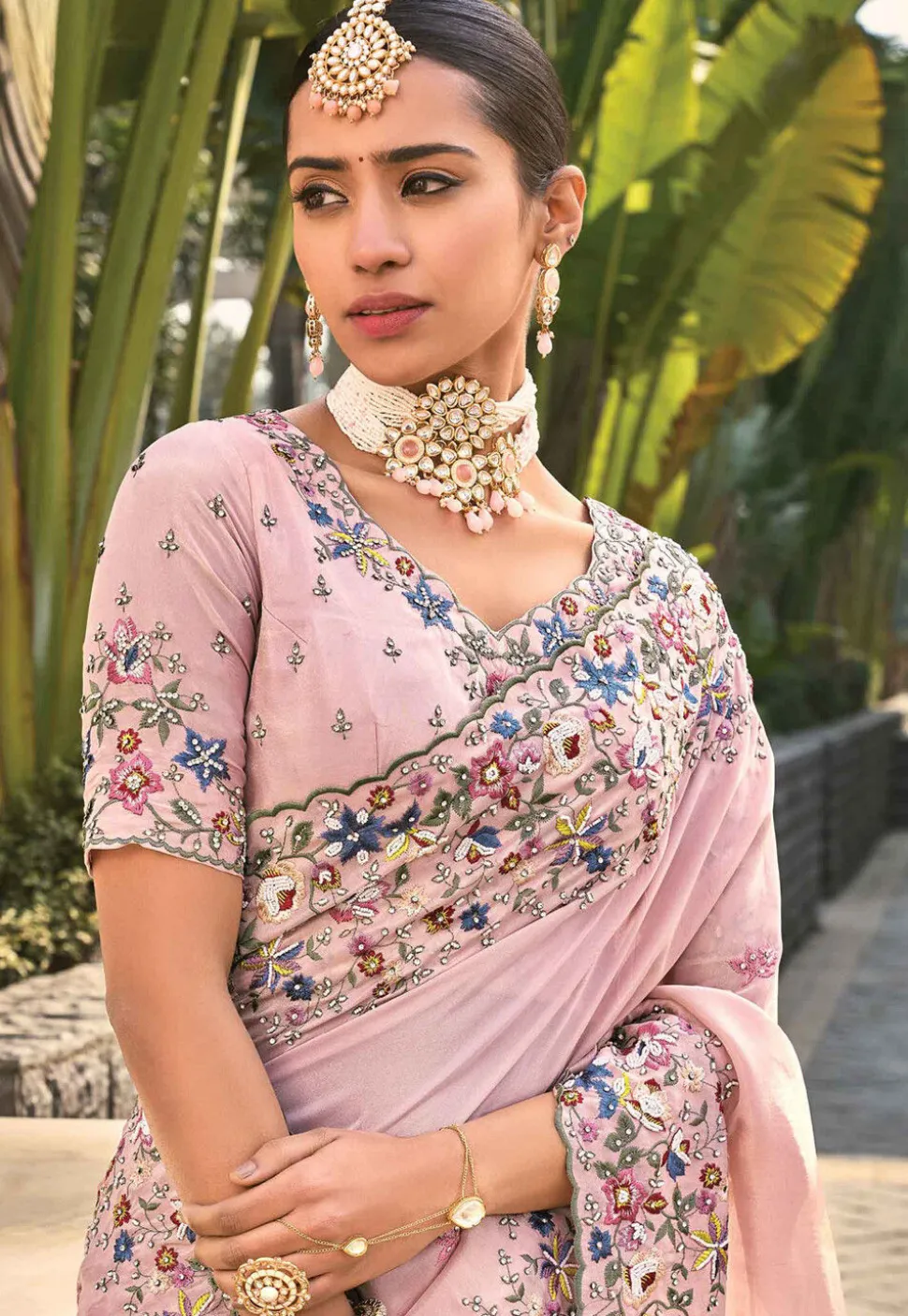 Embroidered Art Silk Saree in Pink