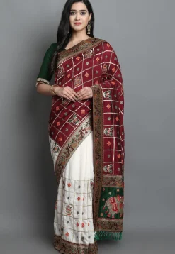 Embroidered Art Silk Saree in Maroon and Off White