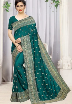 Embroidered Art Silk Saree in Teal Blue