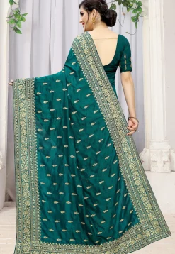 Embroidered Art Silk Saree in Teal Blue