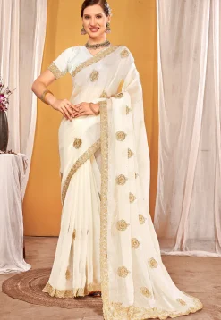 Embroidered Art Silk Saree in Off White