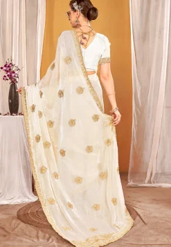 Embroidered Art Silk Saree in Off White