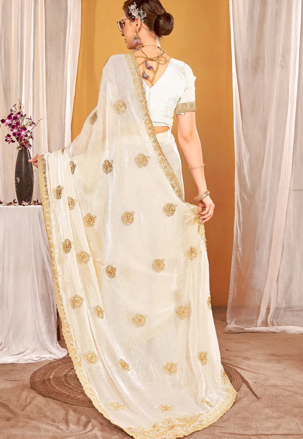Embroidered Art Silk Saree in Off White