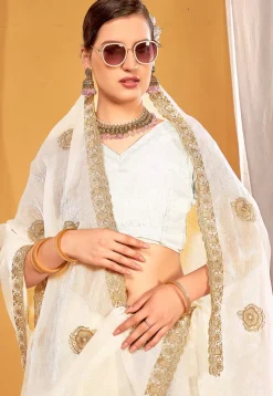 Embroidered Art Silk Saree in Off White