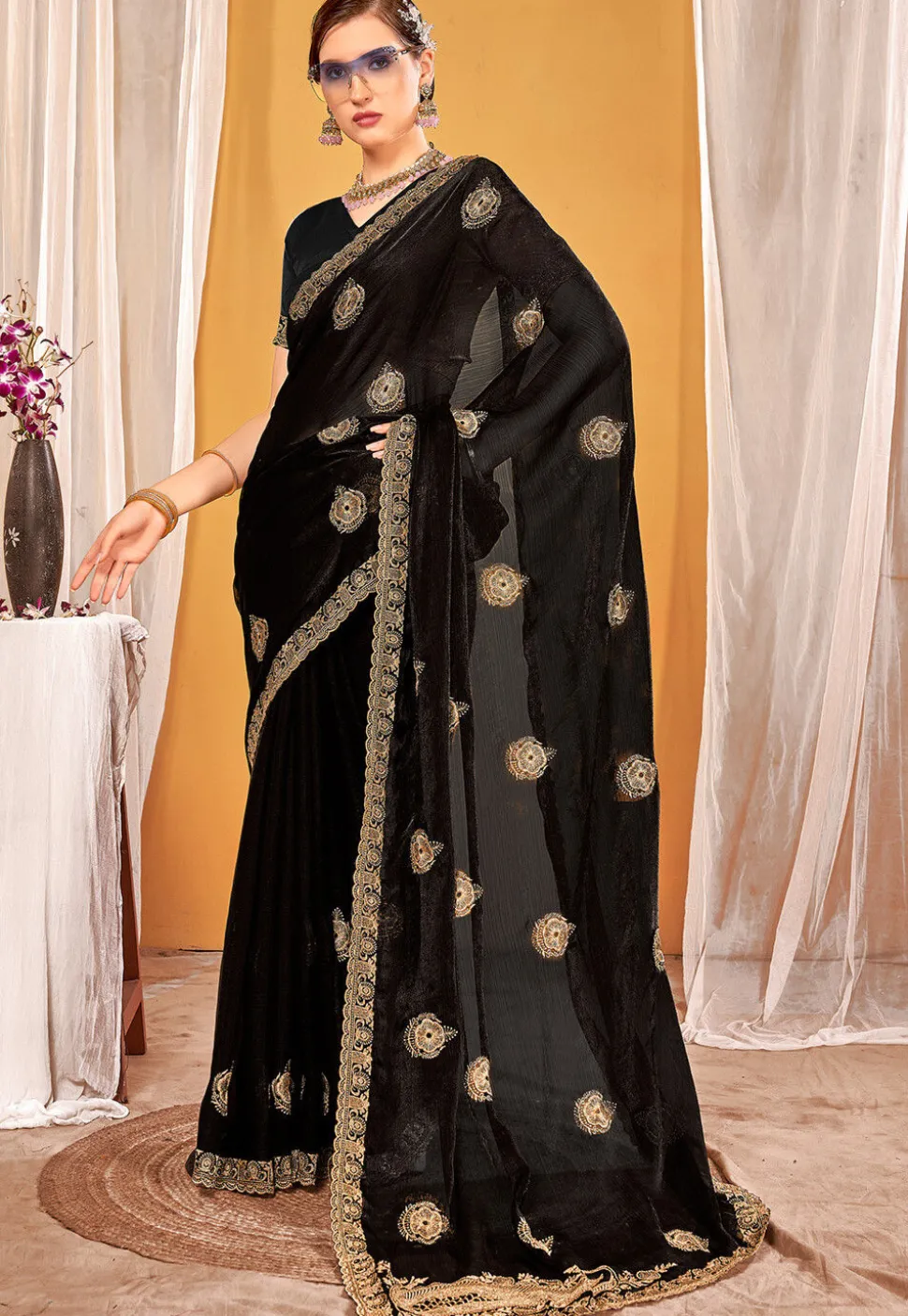 Embroidered Art Silk Saree in Black