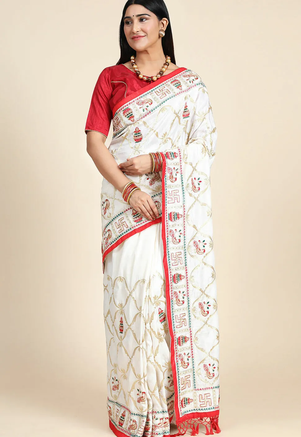 Embroidered Art Silk Saree in Off White