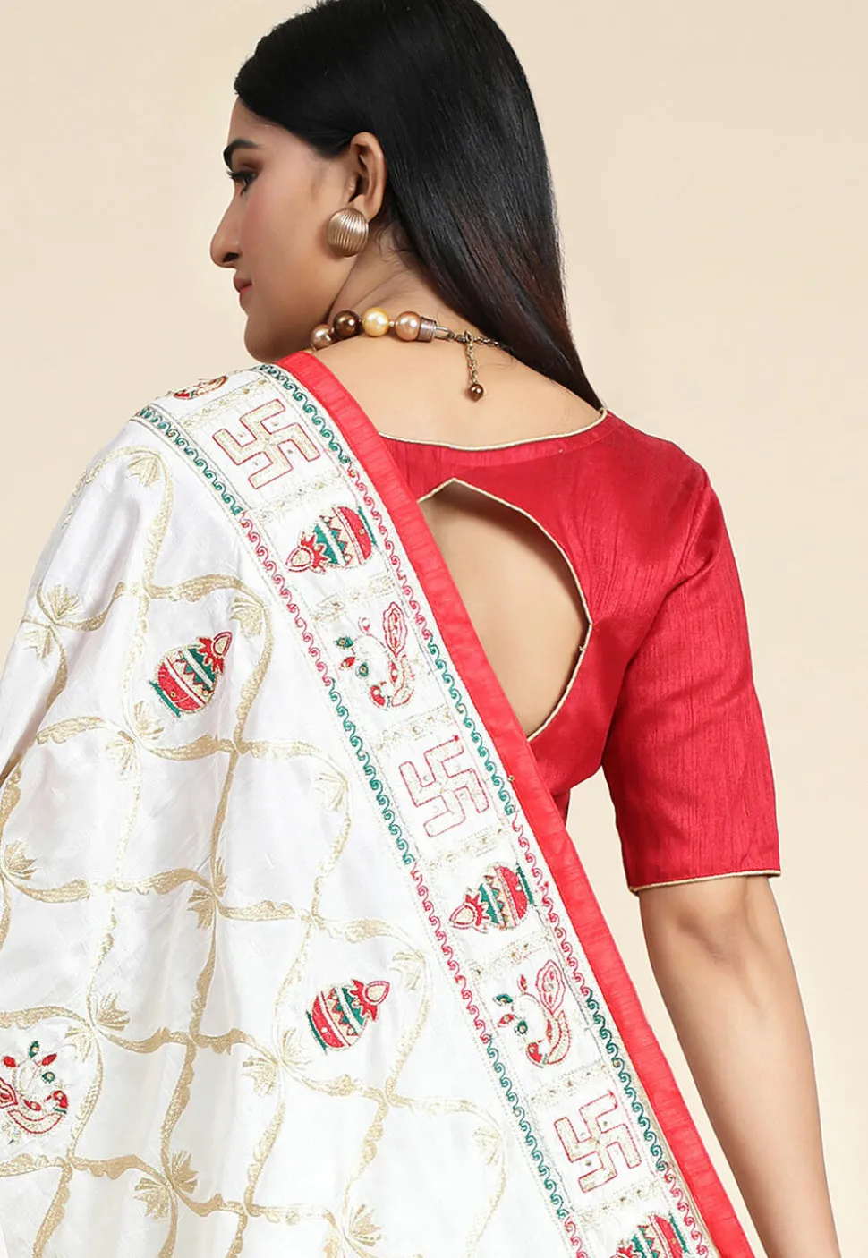 Embroidered Art Silk Saree in Off White