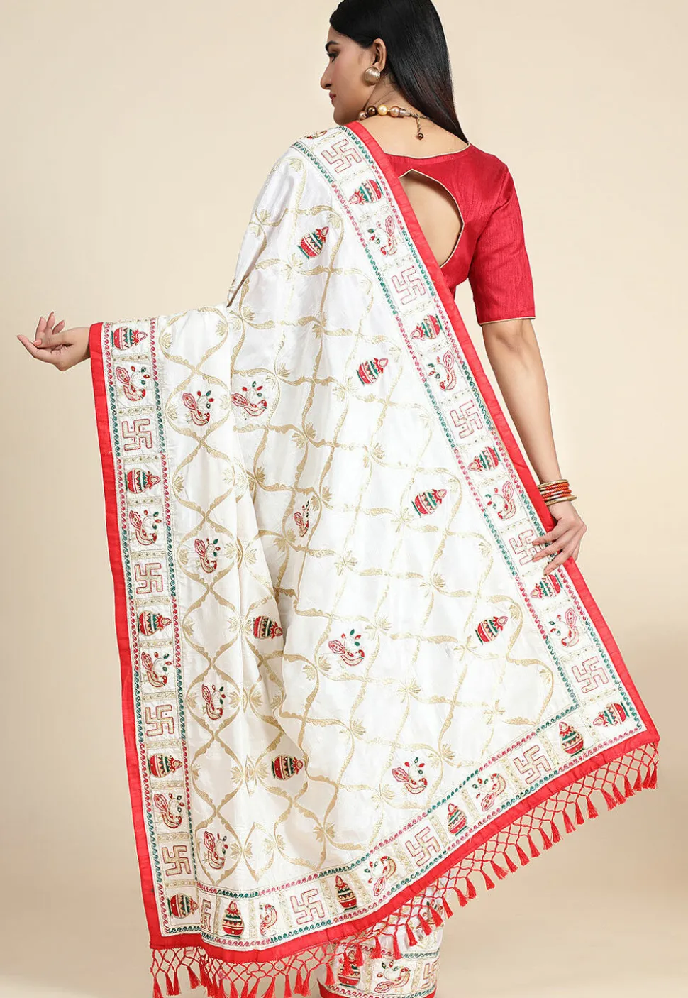 Embroidered Art Silk Saree in Off White