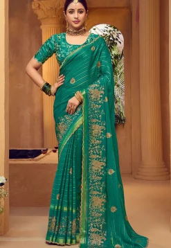 Embroidered Art Silk Saree in Teal Green