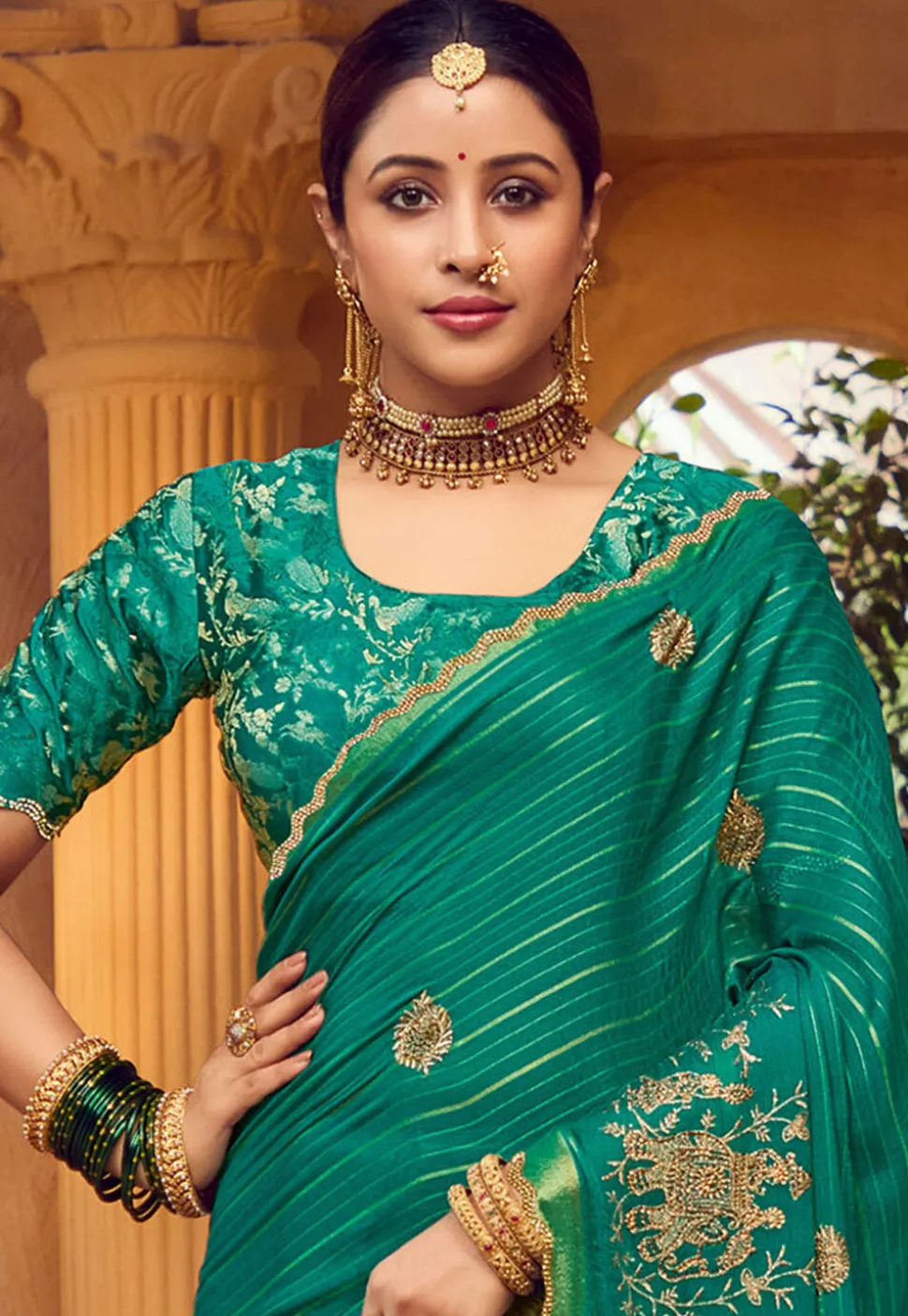 Embroidered Art Silk Saree in Teal Green