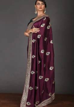 Embroidered Art Silk Saree in Dark Purple